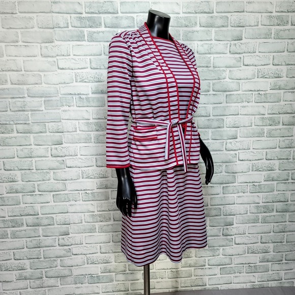 Vintage 70s Striped‎ Dress Jacket Set Red White Blue Knit Belted Midi Sleeveless - Picture 11 of 12